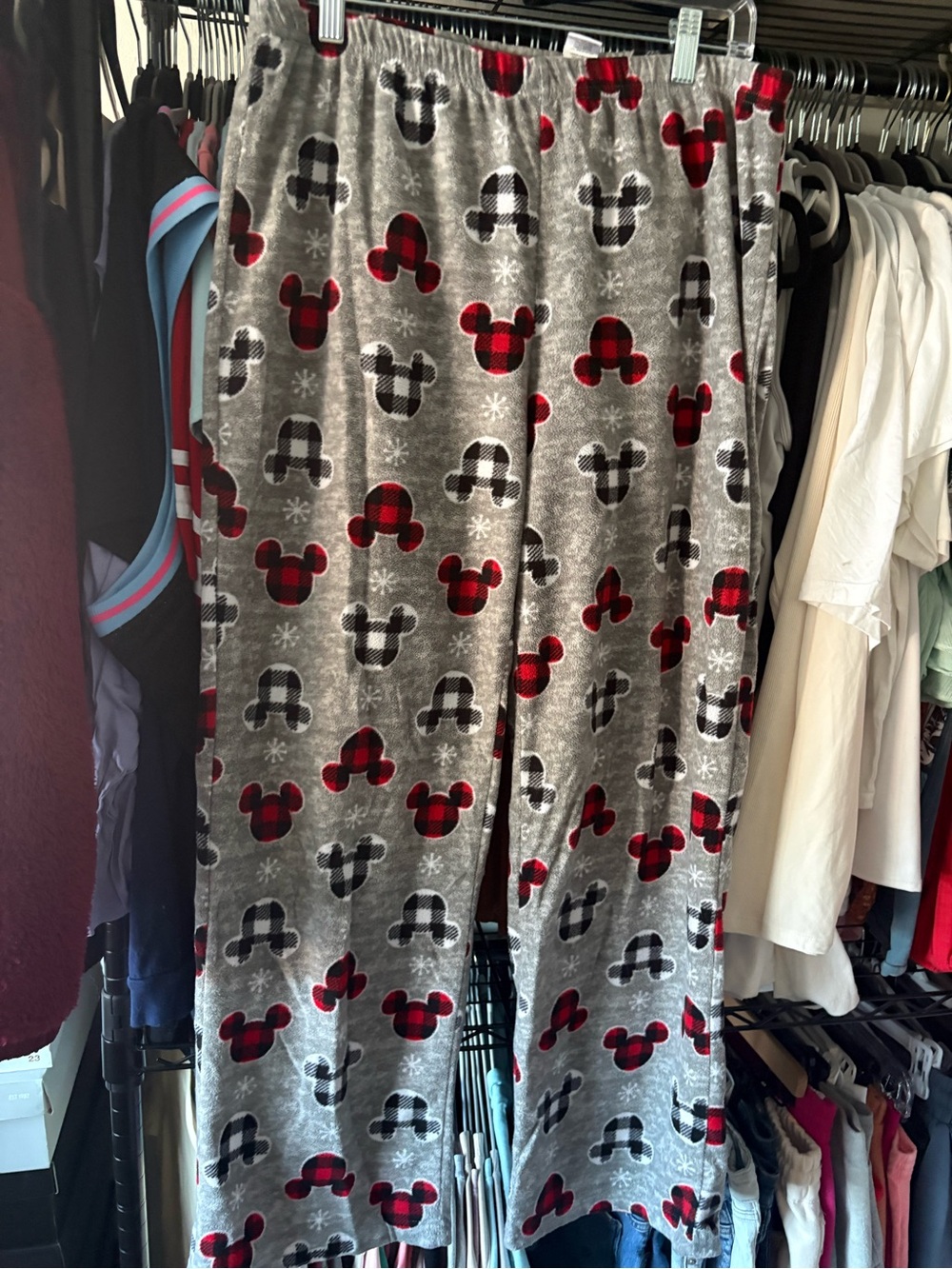 Women  Fleece Pajama Pants - Gray with Red & Black Plaid Mickey Print
